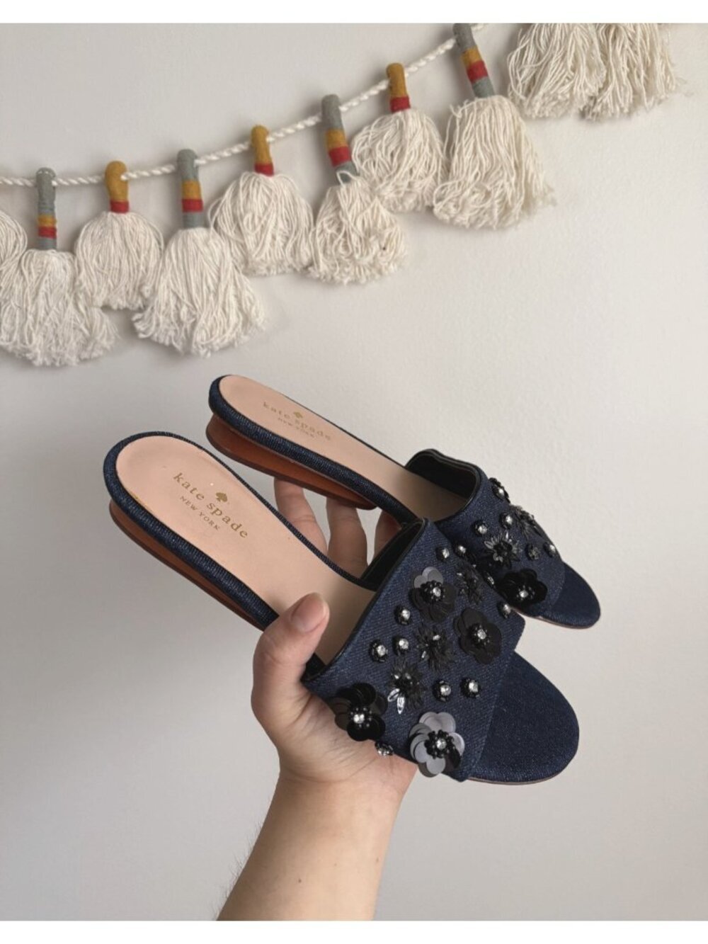 Kate Spade Alice Denim Sequin Flowers Slide Sandals Blue Glam Feminine Coquette - Picture 2 of 7